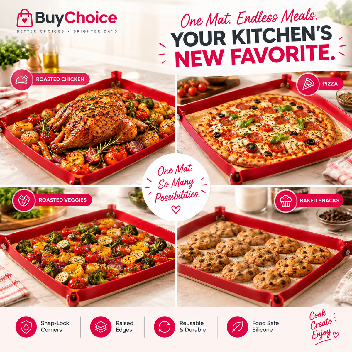 Nonstick Silicone Baking Mat with Snap Lock Edges.