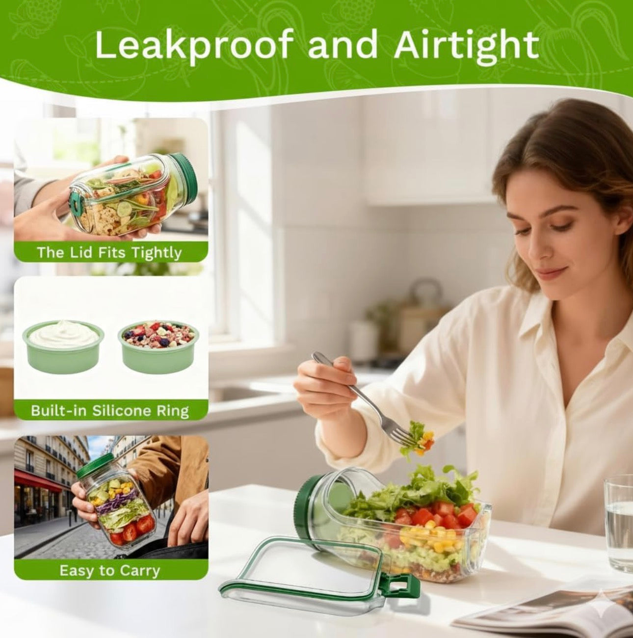 FreshVault Luxe Leakproof Salad Jar – Portable Food Container with Dressing Cup | Premium On-the-Go Meal Bottle (High Quality)