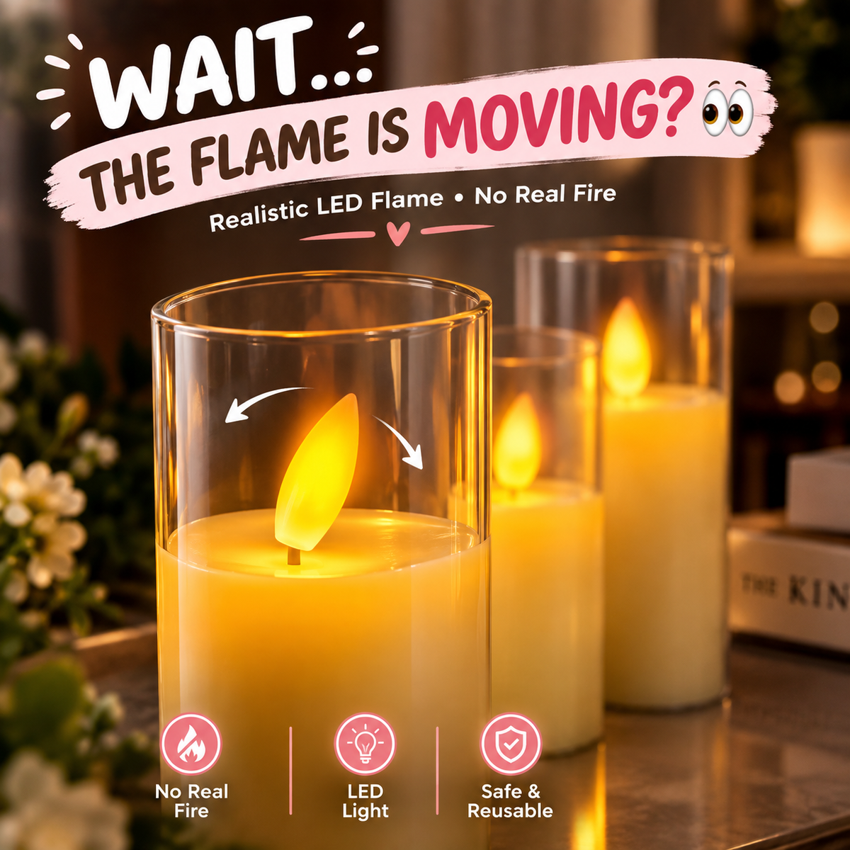 3Pcs Led Flameless Candles Acrylic Golden